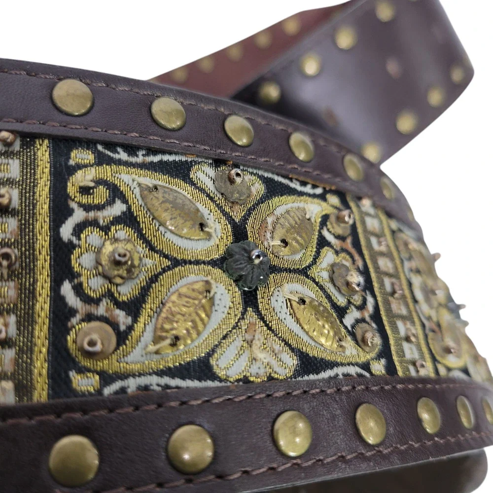 Chicos Chunky Embellished Leather Belt Brown Etched Buckle Stud Embroidery Small